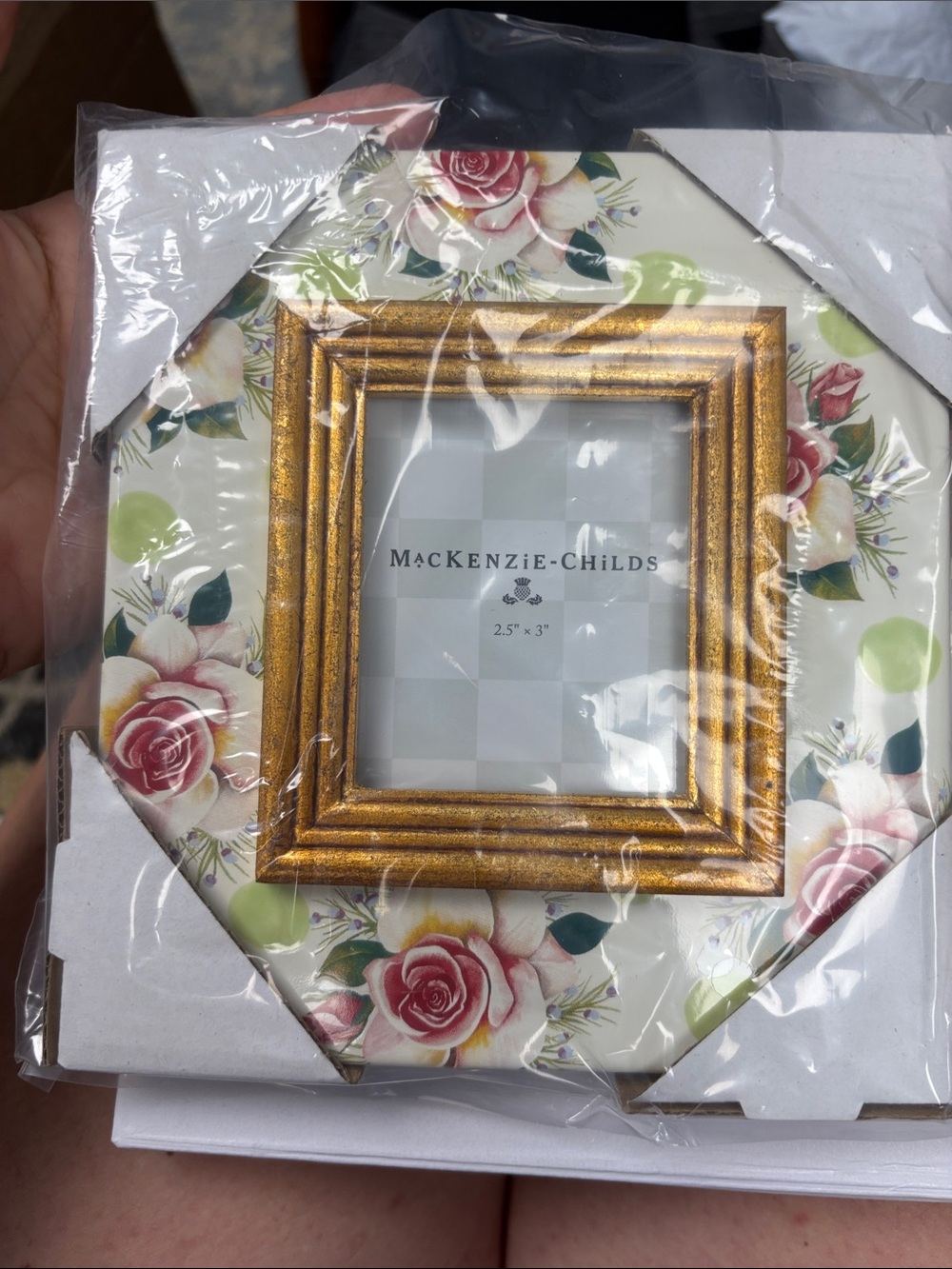 MacKenzie-Childs Gold Floral Frame with Pink Roses and Green Polka Dots - Picture 5 of 8